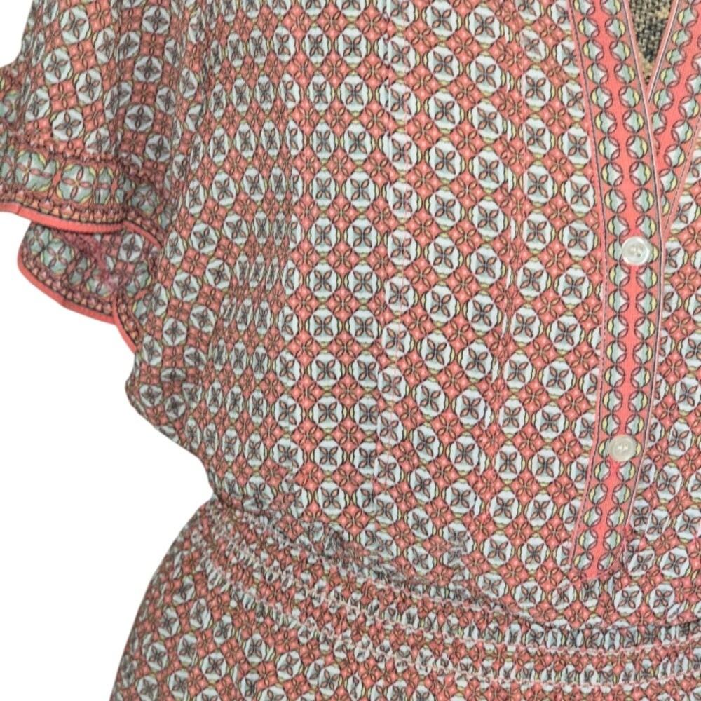 Boho Midi Dress Ruffle Neck Short Sleeve Geometric Print Smocked Waist - Picture 5 of 8